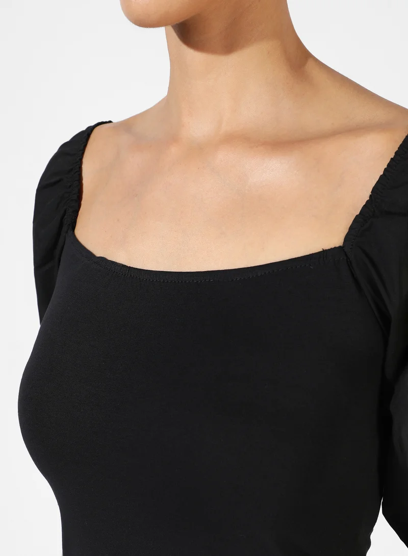PINACOLADA  Women's Midnight Black Puff-Sleeved Top For Casual Wear | Square Neck | Short Sleeve | Pull On Closure | Top Designed With Comfort Fit For Woman & Girls for Women | Best Price UAE